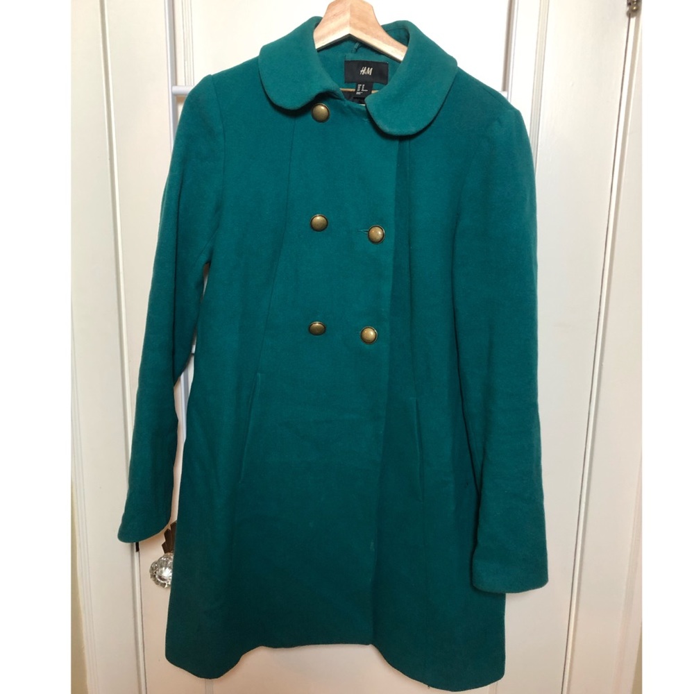 H&M Wool Long Pea Coat Teal / Emerald Green